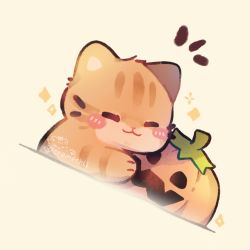 Rule 34 | :3, animal, animal focus, artist name, blush, cat, closed eyes, closed mouth, commentary, cremechii, english commentary, highres, hug, no humans, orange cat, original, pumpkin, signature, simple background, sparkle, white background