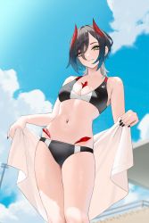 Rule 34 | 1girl, azur lane, bad id, bad twitter id, bare arms, bare shoulders, bikini, black bikini, black hair, black nails, blue sky, breasts, cirilla lin, cleavage, cloud, day, demon horns, ear piercing, eyes visible through hair, hair between eyes, highres, holding, holding towel, horns, looking at viewer, medium breasts, nail polish, navel, navel piercing, outdoors, parted lips, piercing, sky, solo, standing, stomach, swimsuit, towel, ulrich von hutten (azur lane), yellow eyes