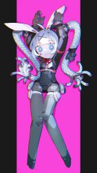 Rule 34 | 1girl, animal ears, arms up, black leotard, blue eyes, blue hair, bow, bowtie, breasts, bright pupils, cable hair, cheri zao, clothing cutout, cuffs, cutout above navel, fake animal ears, hair ornament, handcuffs, hatsune miku, heart cutout, highres, joints, leotard, long hair, necktie, pink background, pink pupils, pink theme, playboy bunny, rabbit ears, rabbit hole (vocaloid), red bow, red bowtie, red necktie, restrained, robot girl, robot joints, small breasts, solo, twintails, vocaloid, white pupils, x hair ornament