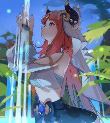 Rule 34 | 1girl, bare shoulders, blue eyes, blue skirt, blush, commentary request, crop top, detached sleeves, fake horns, genshin impact, highres, horns, jewelry, long hair, long sleeves, midriff, neck ring, night, night sky, nilou (genshin impact), outdoors, red hair, shedar, skirt, sky, smile, solo, stomach, upper body, veil, very long hair, water