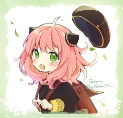 Rule 34 | 1girl, :o, ahoge, anya (spy x family), backpack, bag, beret, black dress, black hat, black sleeves, blush, child, commentary request, dress, eden academy school uniform, gold trim, green eyes, hairpods, hat, hat loss, highres, long hair, long sleeves, looking at viewer, open mouth, pink hair, randoseru, school uniform, shirt, simple background, smile, solo, spy x family, takoyan (g autumn), twitter username, upper body, white background, white shirt, wind, wind lift