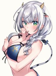 Rule 34 | 1girl, animal ears, arm under breasts, bikini, bikini top only, braid, breasts, cleavage, cow ears, cow horns, cow tail, green eyes, hololive, horns, kemonomimi mode, looking at viewer, nokachoco114, parted lips, shirogane noel, shirogane noel (summer 2020), silver hair, simple background, solo, swimsuit, tail, virtual youtuber, white background