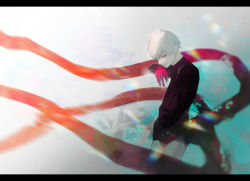 Rule 34 | 1boy, black sweater, closed mouth, colored skin, cowboy shot, from side, gradient background, grey background, hand in pocket, highres, kagune (tokyo ghoul), kaneki ken, kyuuba melo, letterboxed, looking at viewer, looking to the side, pale skin, pants, red skin, solo, sweater, tokyo ghoul