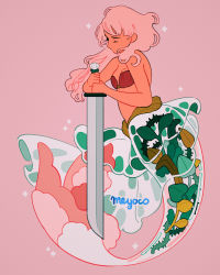 Rule 34 | 1girl, bad id, bad instagram id, closed eyes, fins, full body, highres, holding, holding sword, holding weapon, leaf, long hair, mermaid, meyoco, monster girl, original, pink background, pink hair, plant, see-through, simple background, solo, sparkle, sword, thorns, weapon