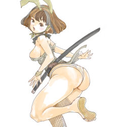 Rule 34 | 1girl, :o, ass, bare shoulders, breasts, brown eyes, brown hair, fishnets, fundoshi, japanese clothes, katana, kazaana, large breasts, looking back, original, sandals, sheath, sheathed, short hair, sideboob, simple background, single thighhigh, solo, sword, thighhighs, weapon