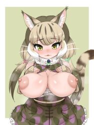 Rule 34 | 1girl, animal ears, aramaru, belt, blush, breasts, breasts out, cat ears, cat girl, cat tail, elbow gloves, extra ears, gloves, green eyes, highres, huge breasts, jungle cat (kemono friends), kemono friends, kemono friends v project, large areolae, large breasts, long hair, looking at viewer, microphone, nipples, ribbon, scarf, simple background, skirt, solo, tail, twintails, virtual youtuber