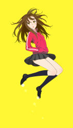 Rule 34 | 1girl, black socks, brown eyes, brown hair, full body, hands in pockets, highres, jacket, jumping, kamogawa (kamogawa sodachi), kansou hada, kneehighs, loafers, long hair, open mouth, original, pleated skirt, shoes, simple background, skirt, socks, solo, track jacket, yellow background