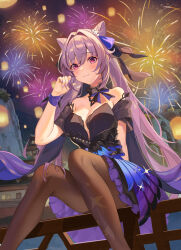 Rule 34 | 1girl, absurdres, artist request, bare shoulders, breasts, cleavage, cone hair bun, dress, fireworks, genshin impact, hair bun, highres, keqing (genshin impact), keqing (opulent splendor) (genshin impact), large breasts, medium breasts, purple hair, revision, smile, solo, twintails