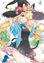 Rule 34 | 1girl, animal ears, ayami (annahibi), black dress, blue eyes, blue jacket, book, bow, cat ears, cat tail, dress, ears through headwear, fang, flower, hair between eyes, hair bow, hair flower, hair ornament, hat, hat flower, hat ornament, jacket, kemonomimi mode, leaf, leaf background, long hair, looking at viewer, magical girl, one eye closed, open book, open mouth, original, plant, short dress, tail, thighs, twintails, very long hair, white legwear, witch hat