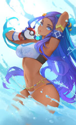 Rule 34 | 1girl, armlet, armpits, belly chain, blue eyes, blue hair, breasts, commentary, creatures (company), dark-skinned female, dark skin, driverbunny37, earrings, english commentary, game freak, gloves, highres, holding, holding poke ball, hoop earrings, jewelry, large breasts, long hair, looking at viewer, multicolored hair, navel, nessa (pokemon), nintendo, poke ball, poke ball (basic), pokemon, pokemon swsh, purple hair, solo, two-tone hair, water
