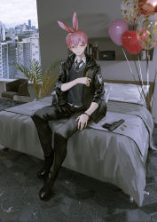 Rule 34 | 1boy, animal ears, balloon, black footwear, black jacket, black necktie, black pants, black sweater, blouse, boots, building, bullet, chair, city, collared shirt, commentary, full body, gun, hair ornament, hairclip, handgun, highres, indoors, ishida (segu ishida), jacket, light smile, long sleeves, looking at viewer, male focus, necktie, on bed, original, pants, parted lips, pink hair, pistol, plant, potted plant, rabbit ears, red eyes, shirt, short hair, sig p220/p226, sitting, solo, sweater, symbol-only commentary, weapon, white shirt