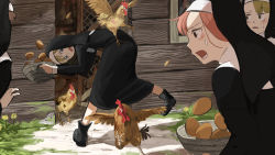 Rule 34 | 4girls, :o, absurdres, animal, bird, blue eyes, blush, boots, brown eyes, brown hair, character request, chicken, chicken coop, clumsy nun (diva), day, diva (hyxpk), dress, egg, flower, habit, highres, hungry nun (diva), little nuns (diva), long hair, mesh, multiple girls, nun, open mouth, outdoors, red hair, revision, spicy nun (diva), sweat, sweatdrop, traditional nun, veil, wings, wooden wall