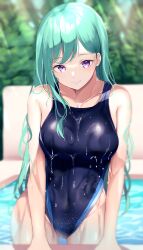 Rule 34 | 1girl, absurdres, aqua hair, arm support, black one-piece swimsuit, blurry, blurry background, breasts, competition swimsuit, covered navel, day, dripping, green hair, hair behind ear, highleg, highleg swimsuit, highres, kairi (miry666), large breasts, light rays, light smile, long hair, looking at viewer, one-piece swimsuit, outdoors, pool, purple eyes, solo, swept bangs, swimsuit, tree, very long hair, virtual youtuber, vspo!, water, wet, wet clothes, yakumo beni