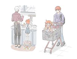 Rule 34 | 1girl, 2boys, ahoge, alternate costume, apron, archer (fate), backpack, bag, brown eyes, cczyjs, dishwashing, emiya shirou, fate/grand order, fate/stay night, fate (series), fujimaru ritsuka (female), height difference, hood, hoodie, multiple boys, orange hair, scrunchie, shopping cart, side ponytail, simple background, slippers, standing, stool, white background, white hair, aged down