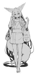 Rule 34 | 1girl, absurdly long hair, animal ear fluff, animal ears, bag, barefoot, commentary request, fang, food, fox ears, fox girl, fox tail, full body, greyscale, hair between eyes, hand up, hands up, highres, holding, holding food, japanese clothes, kimono, long hair, long sleeves, monochrome, open mouth, original, plastic bag, ponytail, simple background, solo, standing, tail, very long hair, white background, wide sleeves, yuuji (yukimimi)
