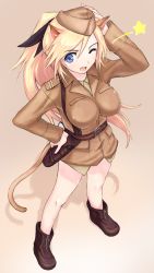 Rule 34 | 00s, 1girl, animal ears, blonde hair, blue eyes, boots, breasts, hand on own hip, hip focus, holster, katharine ohare, large breasts, long hair, one eye closed, open mouth, shikkaku, solo, strike witches, tail, uniform, wink, world witches series