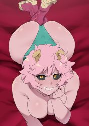 Rule 34 | 1girl, absurdres, ashido mina, ass, black sclera, boku no hero academia, boots, breasts, colored sclera, colored skin, highres, horns, huge ass, large breasts, looking at viewer, lying, minakami (flyingman555), on stomach, panties, pink hair, pink skin, smile, solo, underwear, underwear only, wide hips, yellow eyes
