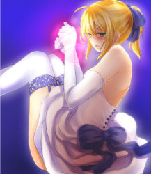 Rule 34 | 1girl, ahoge, artoria pendragon (all), artoria pendragon (fate), bad id, bad pixiv id, bare shoulders, blonde hair, blush, bow, chiroron, dress, elbow gloves, fate/stay night, fate (series), garter straps, gloves, green eyes, highres, lace, lace-trimmed legwear, lace trim, legs, legs up, long hair, official alternate costume, ponytail, ribbon, saber (fate), solo, thighhighs, thighs, white thighhighs