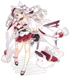 Rule 34 | 1girl, :3, alternate costume, animal, animal ears, azur lane, bell, blush, breasts, cleavage, closed mouth, dress, full body, grey hair, large breasts, long hair, looking at viewer, nail polish, official art, red eyes, red skirt, sandals, saru, skirt, smile, socks, solo, thick eyebrows, transparent background, underboob, wedding dress, white socks, yuudachi (azur lane), yuudachi (the bride of solomon) (azur lane)