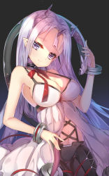 Rule 34 | 1girl, bare shoulders, black background, blush, breasts, cleavage, closed mouth, closers, commentary request, dress, head tilt, horns, large breasts, levia (closers), long hair, looking at viewer, navel, pointy ears, purple eyes, purple hair, red ribbon, ribbon, simple background, sleeveless, sleeveless dress, smile, solo, very long hair, wataru kuri, white dress