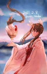 Rule 34 | 1girl, bird, brown hair, chicken, commentary request, cowboy shot, dated, hair between eyes, hair ribbon, hakama, hakama skirt, highres, japanese clothes, kantai collection, kimono, long hair, looking at viewer, miko, mountain, one-hour drawing challenge, red hakama, ribbon, ribbon-trimmed sleeves, ribbon trim, rooster, scenery, skirt, sunrise, tone (kancolle), twintails, twitter username, white kimono, wide sleeves, wss (nicoseiga19993411)