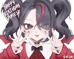 Rule 34 | 1girl, ame-chan (needy girl overdose), black choker, black eyes, black hair, black nails, black ribbon, character name, choker, dated, double v, earrings, eyes visible through hair, ezra (tomiauk), hair ornament, hair over one eye, hands up, happy birthday, highres, jewelry, long hair, long sleeves, looking at viewer, multicolored hair, nail polish, neck ribbon, needy girl overdose, official alternate costume, piercing, red hair, red nails, red shirt, red wings, ribbon, shirt, simple background, smile, solo, streaked hair, tongue, tongue out, tongue piercing, twintails, upper body, v, white background, wings, x hair ornament