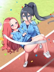 Rule 34 | 2girls, absurdly long hair, aris (blue archive), black hair, blue archive, blue eyes, blush, bow, buruma, carrying, carrying person, collarbone, commentary request, confetti, embarrassed, forehead, grey eyes, gym uniform, hair between eyes, hair bow, hair ribbon, highres, ine (ineinnen), jacket, long hair, long sleeves, looking at another, multiple girls, official alternate costume, ponytail, princess carry, red hair, ribbon, running, running track, shoes, sidelocks, sneakers, track jacket, very long hair, yuzu (blue archive)