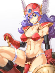 Rule 34 | 1girl, abo (hechouchou), abs, armor, bikini armor, blue eyes, breasts, choker, commentary request, dragon quest, dragon quest iii, elbow gloves, gloves, helmet, highres, long hair, pelvic curtain, purple hair, red footwear, red gloves, red helmet, revealing clothes, shadow, shield, soldier (dq3), sweatdrop, thigh strap, warrior, weapon, winged helmet
