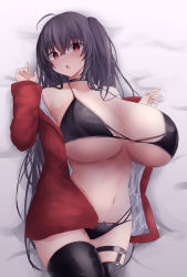 Rule 34 | 1girl, :o, absurdres, azur lane, bad id, bad twitter id, bed, bed sheet, bikini, black bikini, black hair, black thighhighs, breasts, choker, cleavage, collar, highres, huge breasts, jacket, legs together, long hair, looking at viewer, lying, navel, official alternate costume, on back, open mouth, red eyes, red jacket, solo, swimsuit, taihou (azur lane), taihou (enraptured companion) (azur lane), thighhighs, twintails, very long hair, yuuki shuri