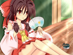 Rule 34 | 1girl, ascot, bare shoulders, bow, brown hair, detached sleeves, hand fan, female focus, hair bow, hair tubes, hakurei reimu, hand on own chest, japanese clothes, legs up, long hair, long sleeves, looking at viewer, miko, mosquito coil, motion lines, open mouth, red eyes, skirt, solo, sun, sunlight, sweat, tonchinkan, touhou, veranda, vest, wide sleeves