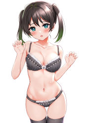 Rule 34 | 1girl, :o, aqua eyes, bare arms, black bra, black panties, black thighhighs, blush, bow, bow bra, bow panties, bra, breasts, cleavage, collarbone, lace, lace-trimmed bra, lace-trimmed panties, lace trim, looking at viewer, love live!, love live! nijigasaki high school idol club, love live! school idol festival all stars, medium breasts, multicolored hair, nail polish, navel, open mouth, panties, paw pose, sankuro (agoitei), simple background, skindentation, solo, takasaki yu, thighhighs, twintails, two-tone hair, underwear, underwear only, white background, white bow, | |