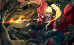 Rule 34 | 1girl, ahoge, armor, black scrunchie, blonde hair, character request, commentary request, cowboy shot, fantasy, fire, fire, flaming sword, flaming weapon, gauntlets, gold trim, hair between eyes, hair ornament, hair scrunchie, highres, holding, holding sword, holding weapon, jacket, japanese clothes, long hair, long sleeves, looking at viewer, parted lips, pixiv fantasia, pixiv fantasia last saga, red eyes, red jacket, ryuuzaki ichi, scrunchie, side ponytail, smile, solo, standing, sword, weapon