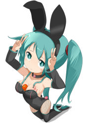 Rule 34 | 1girl, animal ears, aqua eyes, aqua hair, bad id, bad pixiv id, between breasts, boots, breasts, carrot, cleavage, collar, detached sleeves, double v, fake animal ears, fishnet pantyhose, fishnets, frown, hatsune miku, kneeling, leotard, long hair, looking at viewer, pantyhose, playboy bunny, rabbit ears, rabbit tail, simple background, small breasts, solo, tail, tamakorogashi, thigh boots, thighhighs, twintails, v, very long hair, vocaloid, white background