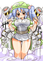 Rule 34 | 1girl, blue hair, blush, breasts, character name, female focus, hair bobbles, hair ornament, hat, kawashiro nitori, large breasts, mechanical arms, one-piece swimsuit, open clothes, school swimsuit, science, single mechanical arm, solo, swimsuit, swimsuit under clothes, touhou, twintails, two side up, wet, wrench, yuki hime haruka