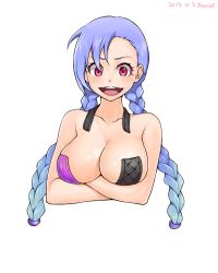Rule 34 | 1girl, alternate breast size, artist name, bad id, bad pixiv id, blue hair, braid, breasts, cleavage, crossed arms, goyain, jinx (league of legends), large breasts, league of legends, long hair, looking at viewer, open mouth, pasties, red eyes, solo, transparent background, twin braids