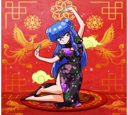 Rule 34 | 1girl, black dress, blue hair, breasts, china dress, chinese clothes, cleavage cutout, clothing cutout, double bun, dress, floral print, floral print dress, hair bun, hair ornament, hands up, kneeling, long hair, looking to the side, medium breasts, phoenix print, pink eyes, ranma 1/2, red background, shampoo (ranma 1/2), side slit, sidelocks, signature, wanta (futoshi)
