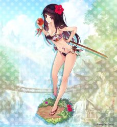Rule 34 | bare legs, bare shoulders, bikini, black hair, bokken, bow, bracelet, breasts, bridge, cleavage, cliff, cloud, company name, day, floral print, flower, groin, hair flower, hair ornament, holding, holding sword, holding weapon, house, jewelry, lake, looking at viewer, mango, masamune (phantom of the kill), medium breasts, navel, official art, phantom of the kill, purple eyes, sandals, shadow, sky, smile, solo, strapless, strapless bikini, summer, swimsuit, sword, tattoo, tree, water, waterfall, weapon, wooden sword
