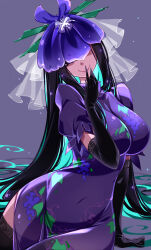 Rule 34 | 1girl, absurdres, black gloves, black hair, breasts, china dress, chinese clothes, closed mouth, dress, elbow gloves, flower, food print, fruit print, gloves, grape print, highres, large breasts, long hair, looking at viewer, purple dress, purple eyes, purple flower, raptor7, short sleeves, sidelocks, smile, solo, thighhighs, touhou, unfinished dream of all living ghost, very long hair, vine print, wide hips, yomotsu hisami