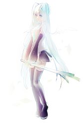Rule 34 | 1girl, angel wings, aqua necktie, bad id, bad tumblr id, black footwear, black skirt, blue eyes, blue hair, boots, collared shirt, detached sleeves, full body, grey shirt, hatsune miku, headgear, long hair, long sleeves, looking at viewer, lpip, matching hair/eyes, necktie, pleated skirt, shirt, sketch, skirt, sleeveless, sleeveless shirt, solo, spring onion, standing, tareme, thigh boots, thighhighs, twintails, v arms, very long hair, vocaloid, white wings, wings
