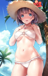 Rule 34 | 1girl, aircraft, airplane, bikini, blue eyes, blue sky, breasts, brown hair, cloud, collarbone, commentary request, contrail, copyright request, cowboy shot, day, flower, frilled bikini, frills, hands on own chest, hands up, hat, hat flower, highres, jewelry, legs apart, looking at viewer, medium breasts, necklace, o-ring, o-ring bikini, o-ring top, open mouth, outdoors, palm tree, shimazu tekkou, short hair, sky, solo, standing, strapless, strapless bikini, straw hat, swimsuit, tareme, teeth, tree, upper teeth only, white bikini