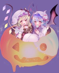 Rule 34 | 2girls, bat wings, blonde hair, blue hair, blush, bow, candy, commentary, crystal, curled horns, dress, fingernails, flandre scarlet, food, halloween bucket, hat, holding, holding candy, holding food, holding lollipop, holding stuffed toy, horn bow, horn ornament, horns, lollipop, looking at viewer, medium hair, mob cap, moni monico, multiple girls, neckerchief, puffy short sleeves, puffy sleeves, purple background, red bow, red eyes, red neckerchief, red vest, remilia scarlet, shirt, short hair, short sleeves, siblings, side ponytail, simple background, sisters, stuffed animal, stuffed toy, teddy bear, touhou, vest, white dress, white headwear, white shirt, wings, wrist cuffs
