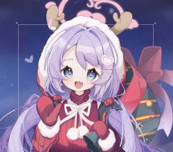 Rule 34 | 1girl, blue archive, blue eyes, blush, christmas, fake antlers, fang, hair ornament, hairclip, halo, hanae (blue archive), hanae (christmas) (blue archive), heart, holding, holding sack, holly hair ornament, hood, hood up, long hair, looking at viewer, low twintails, mittens, open mouth, pom pom (clothes), purple hair, red mittens, red sweater, ribbed sweater, sack, skin fang, solo, sweater, twintails, upper body, urakichi55, very long hair