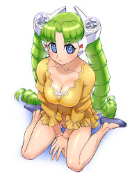 Rule 34 | 1girl, breasts, cleavage, doll joints, drill hair, green hair, joints, kneeling, long hair, original, solo, symbol-shaped pupils, ueyama michirou