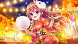 Rule 34 | 1girl, :d, black bow, black sash, bow, bracelet, chopsticks, cotton candy, dot nose, film grain, floral print, food, food request, food stand, fox mask, from side, game cg, haeno akari, hair bow, holding, holding food, izumi tsubasu, japanese clothes, jewelry, kimono, lantern, lens flare, long hair, looking at viewer, mask, mask on head, night, night sky, non-web source, noodles, obi, official art, open mouth, orange hair, outdoors, paper lantern, plaid, plaid bow, print kimono, purple eyes, re:stage!, red kimono, sash, sky, smile, solo, sparkle, star (sky), starry sky, string of light bulbs, summer festival, two side up, yakisoba, yukata