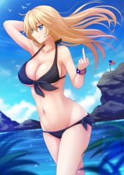 Rule 34 | 10s, 1girl, alternate costume, american flag, animal, arm behind head, armpits, arms up, bikini, bird, blonde hair, blue bikini, blue eyes, blue sky, blurry, blush, bokeh, breasts, cleavage, cloud, collarbone, cowboy shot, day, depth of field, eyebrows, floating hair, front-tie bikini top, front-tie top, groin, hair between eyes, halterneck, highres, iowa (kancolle), kantai collection, kazenokaze, large breasts, long hair, looking at viewer, middle finger, navel, ocean, outdoors, plant, seagull, side-tie bikini bottom, sideboob, sky, smile, solo, sparkle, stomach, swimsuit, underboob, wrist cuffs, wristband