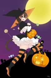 Rule 34 | 1girl, absurdres, ass, black eyes, black footwear, bloomers, braid, breasts, brown hair, candy, cat (nyanko daisensou), cat tail, cow coconut, doggy (nyanko daisensou), food, hat, highres, jack-o&#039;-lantern, lollipop, mansion, minya (nyanko daisensou), moon, nyanko daisensou, striped clothes, striped legwear, striped thighhighs, tail, thighhighs, tombstone, trick-or-treating, underwear, witch hat