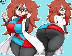 Rule 34 | 1girl, android, android 21, ass, blue eyes, bmayyne, breasts, brown hair, clothes, dragon ball, dragon ball fighterz, ear piercing, glasses, highres, huge breasts, long hair, open mouth, piercing, smile, solo