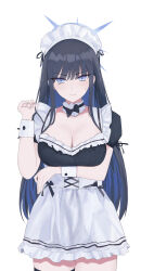 Rule 34 | 1girl, absurdres, alternate costume, aremen, arm under breasts, black hair, blue archive, blue hair, blush, breasts, cleavage, colored inner hair, commentary request, detached collar, enmaided, halo, highres, large breasts, long hair, looking at viewer, maid, maid headdress, multicolored hair, partial commentary, saori (blue archive), simple background, solo, straight hair, sweatdrop, two-tone hair, very long hair, white background, wrist cuffs