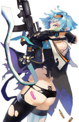 Rule 34 | 1girl, absurdres, ass, assault rifle, bandages, bare shoulders, blue hair, blush, broken sunglasses, brown eyes, fingerless gloves, from behind, girls&#039; frontline, gloves, gun, highres, jacket, looking at the side, looking at viewer, nail polish, oyasumi, rifle, shiny skin, short hair, short shorts, shorts, solo, sunglasses, sunglasses on head, thighhighs, torn clothes, torn thighhighs, weapon, zas m21 (girls&#039; frontline)