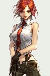 Rule 34 | bare shoulders, black gloves, breasts, gloves, grey background, hungry clicker, large breasts, looking at viewer, midriff, necktie, parted lips, red eyes, red hair, shirt, short hair, simple background, sleeveless, sleeveless shirt, snk, suspenders, the king of fighters, vanessa (kof)